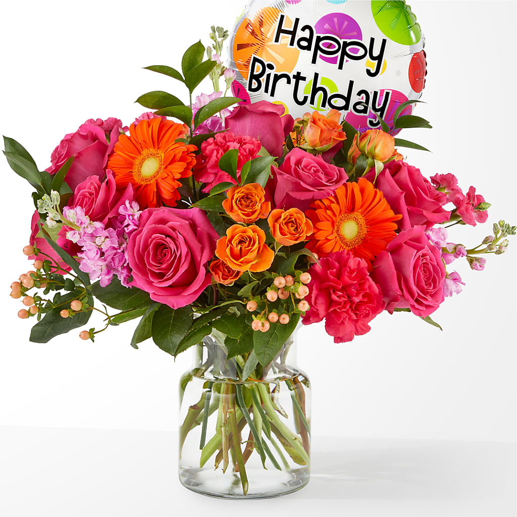 Fiesta Bouquet with Birthday Balloon – MERCY'S FLOWERS, Miami FL