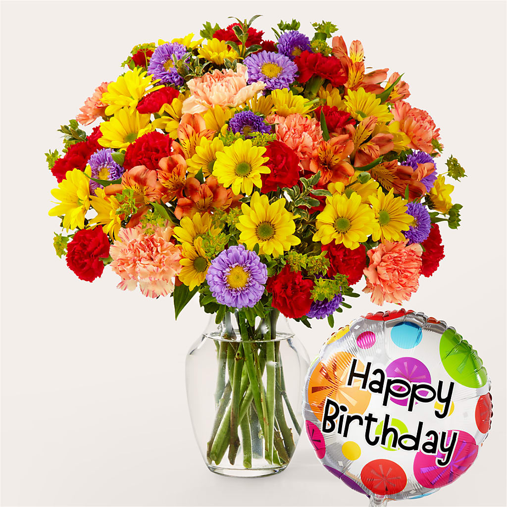 Kaleidoscope Bouquet with Birthday Balloon – MERCY'S FLOWERS, Miami FL