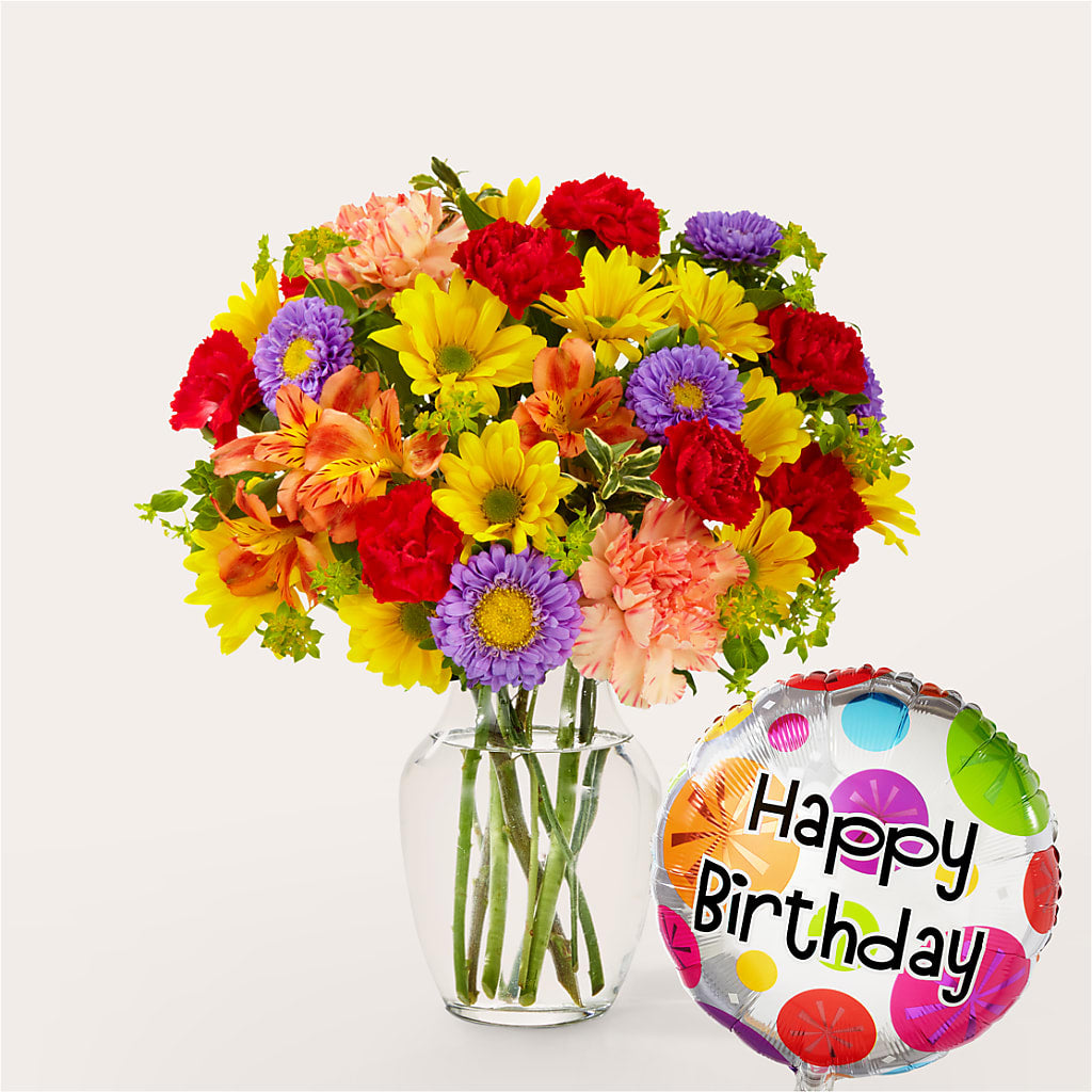 Kaleidoscope Bouquet with Birthday Balloon – MERCY'S FLOWERS, Miami FL
