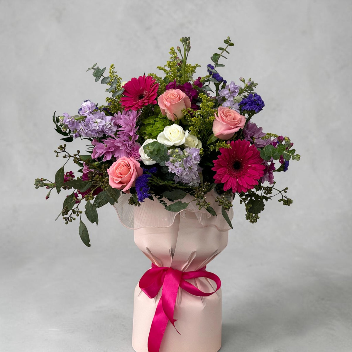 Pink Elegance Pitcher Wrap Arrangement – MERCY'S FLOWERS, Miami FL