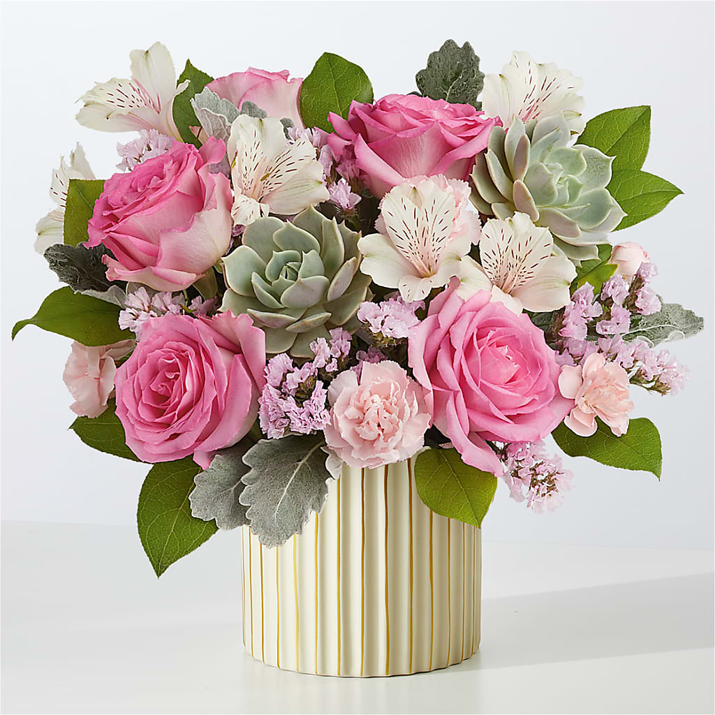 Dusty Rose Bouquet with Ivory Vase – MERCY'S FLOWERS, Miami FL