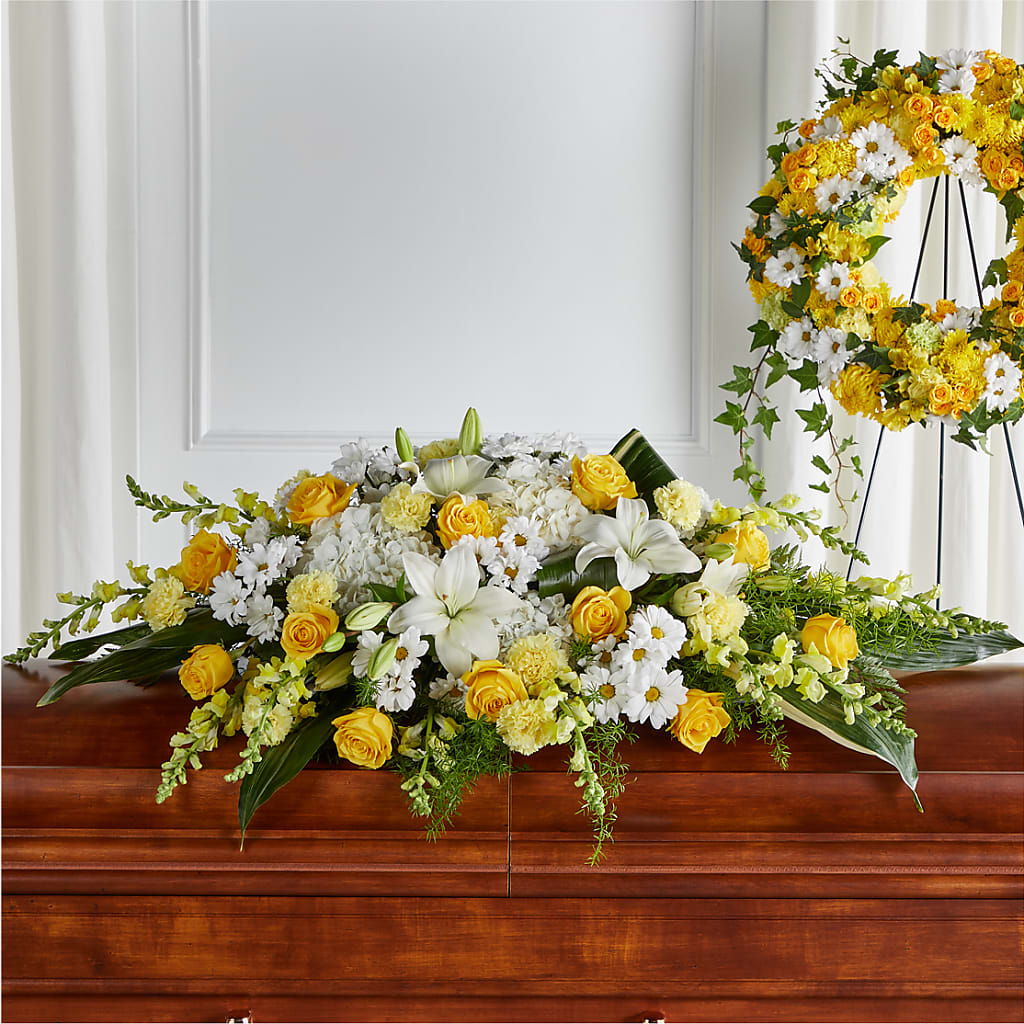 Golden Harmony Casket Spray – MERCY'S FLOWERS, Miami FL
