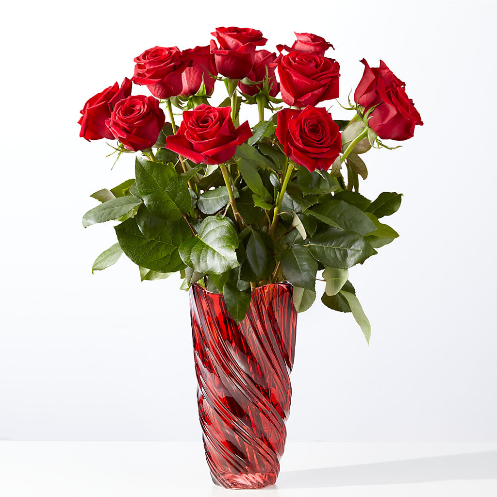 Classic Love Red Rose Bouquet with Luxe Swirl Vase – MERCY'S FLOWERS, Miami FL