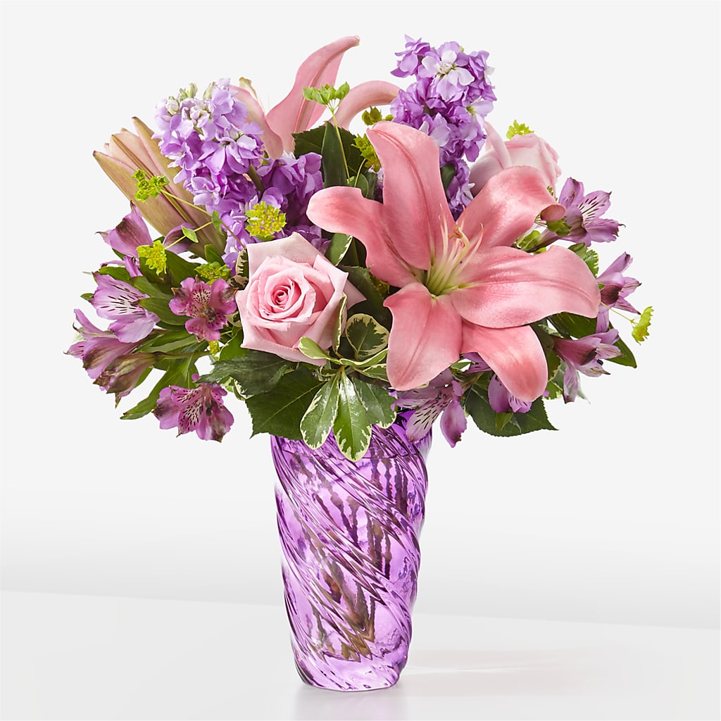 Precious Petals Bouquet with Luxe Swirl Vase – MERCY'S FLOWERS, Miami FL