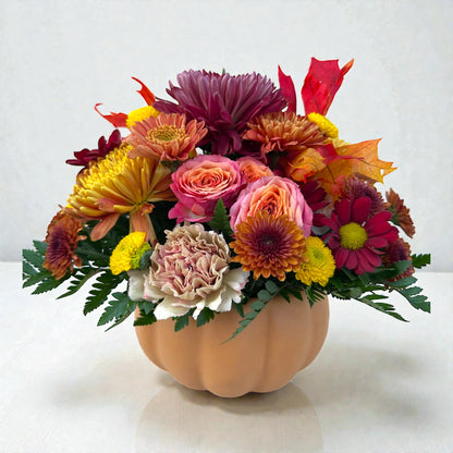 Harvest Glow Pumpkin Arrangement – MERCY'S FLOWERS, Miami FL