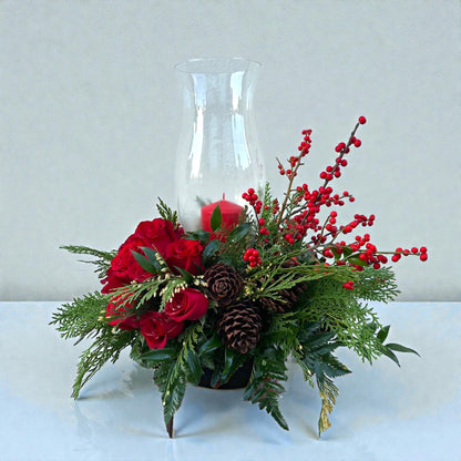 Red Candle Hurricane Centerpiece – MERCY'S FLOWERS, Miami FL