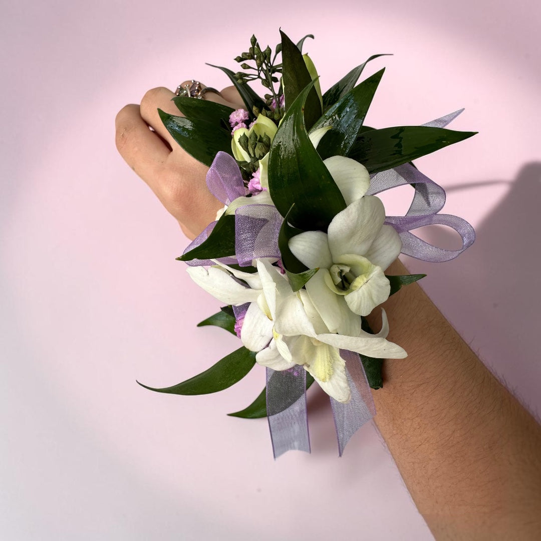 White Orchid Wrist Corsage – MERCY'S FLOWERS, Miami FL