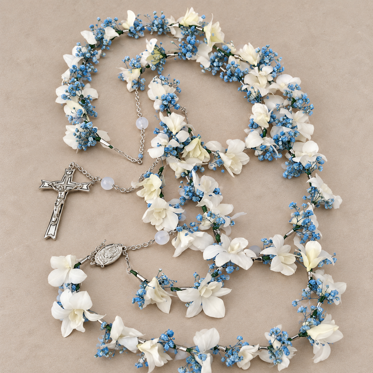 Blue & White Rosary Tribute – MERCY'S FLOWERS, Miami FL